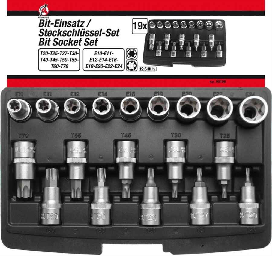 BGS DIY Bit-Einsatz-/Steckschlüssel-Satz | Antrieb Innensechskant 12,5 Mm (1/2") | T-Profil (für Torx)/E-Profil | 19-tlg. – 95100 1 BGS DIY Bit-Einsatz-/Steckschlüssel-Satz | Antrieb Innensechskant 12,5 Mm (1/2") | T-Profil (für Torx)/E-Profil | 19-tlg. – 95100