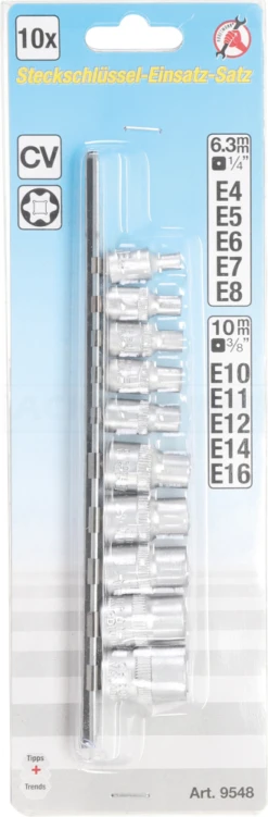 BGS DIY Steckschlüssel-Einsatz-Satz E-Profil | 6,3 Mm (1/4") / 10 Mm (3/4") | SW E4 - E16 | 10-tlg -Ks Festools Verkaufe bgs 9548 002